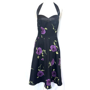 Retro Floral Satin Halter Midi Swing Dress Size L Pinup Rockabilly Lace Up 50s